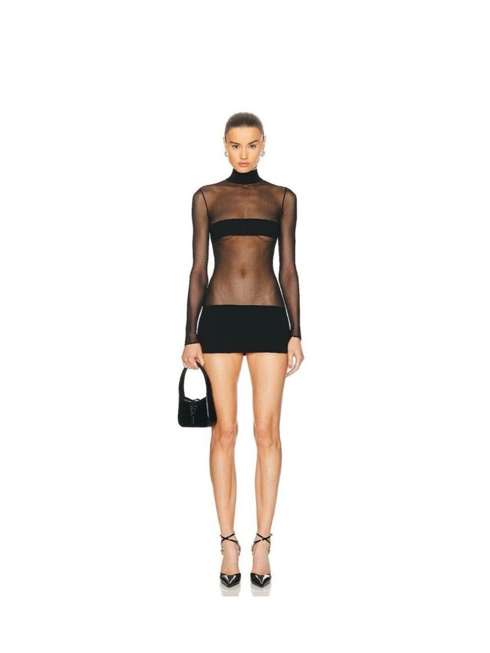 Sheer Long-Sleeve Mini Dress in Black